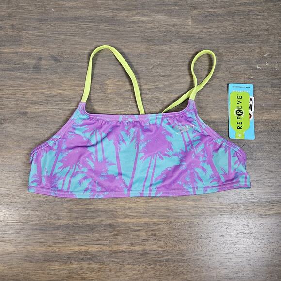Speedo Endurance Bikini Top Strappy Fixed Back Mini Palms Purple Large - Picture 1 of 6